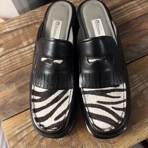Etienne Aigner Black Leather Mules Sz 8 Loafer Fringe Zebra Calf Hair Slip On